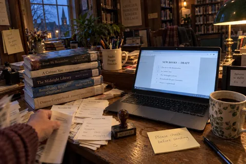 Library desk with a new-books draft on a laptop and a note to check it before sending